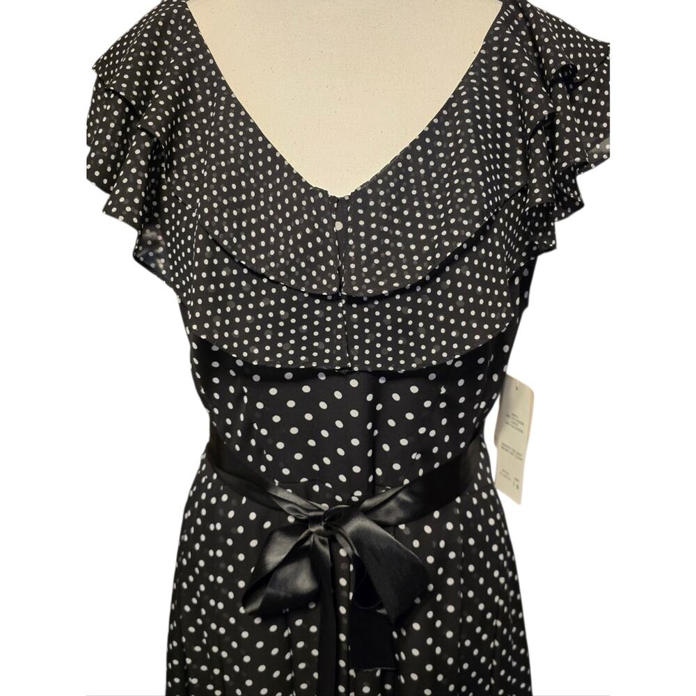 Adrianna Papell Dress Womens 14 Black White Polka Dot Ruffle Front Pin-Up NWT - Picture 5 of 12